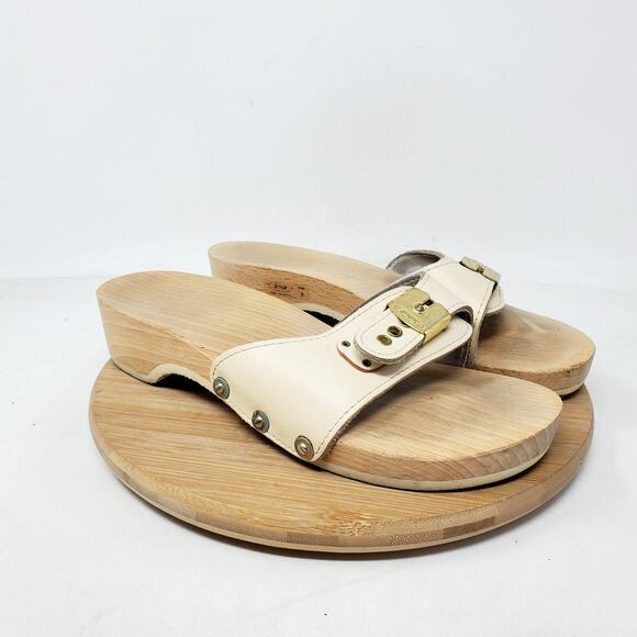 Dr Scholls Wooden Slide Sandals Womens 7 Original Clog Off White Austria Vintage - Picture 2 of 12